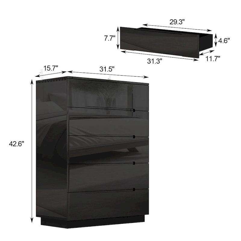 31.5 High Gloss Chest With Light Chest w/5 Drawers&Spacious Tabletop
