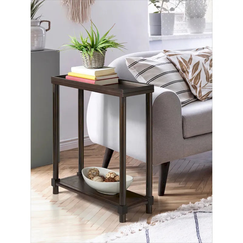 Narrow Espresso Solid Wood Side Tables with Storage - Set of 2