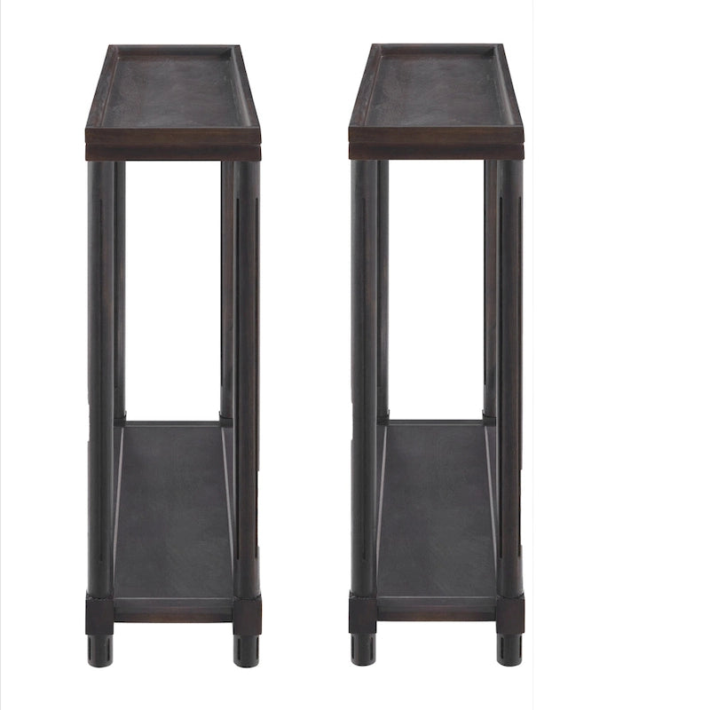 Narrow Espresso Solid Wood Side Tables with Storage - Set of 2