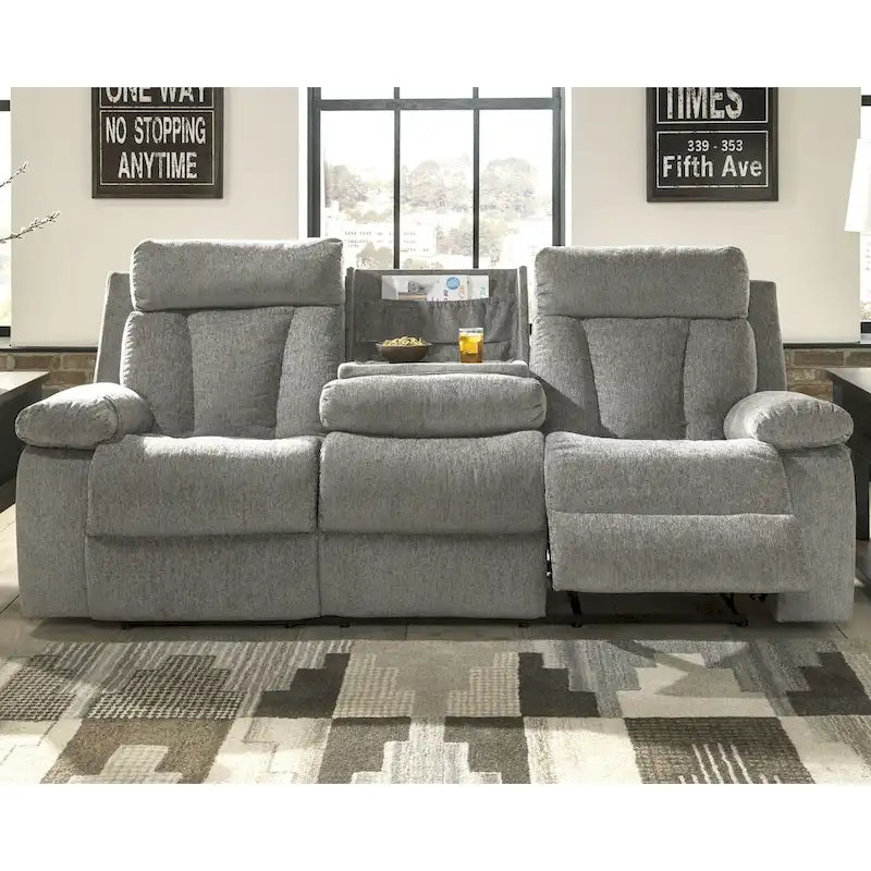 Gray Contemporary Reclining Sofa with Drop Down Table
