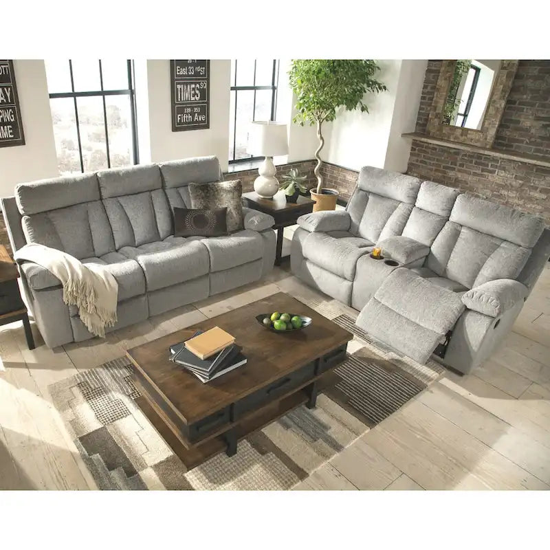 Gray Contemporary Reclining Sofa with Drop Down Table