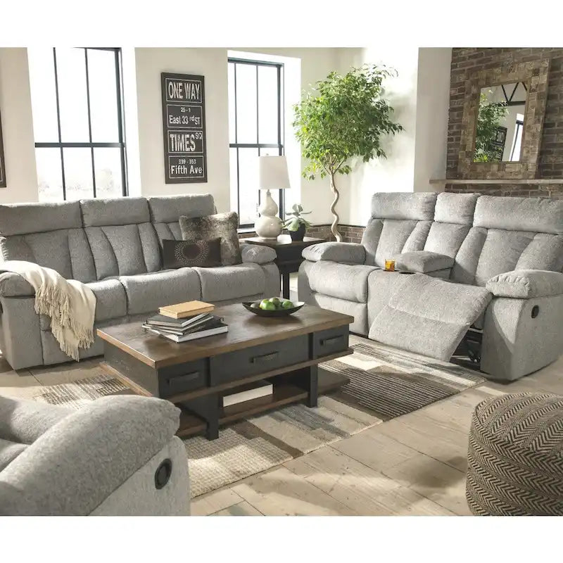 Gray Contemporary Reclining Sofa with Drop Down Table