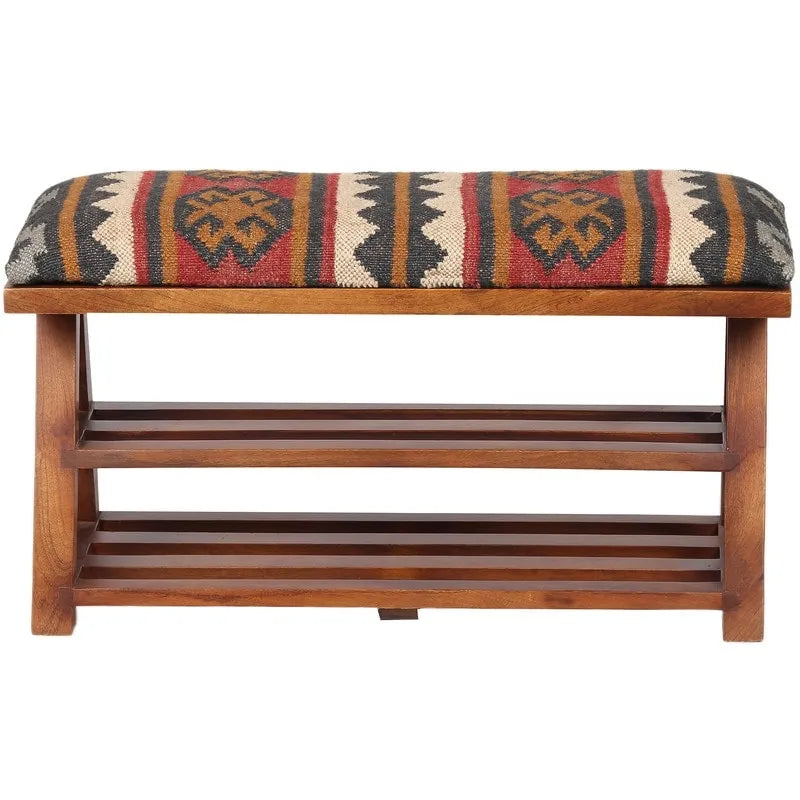 Handgefertigte gepolsterte Holzbank mit Kilim-Muster und Stauraum – 30 W x 12,5 L x 16 H