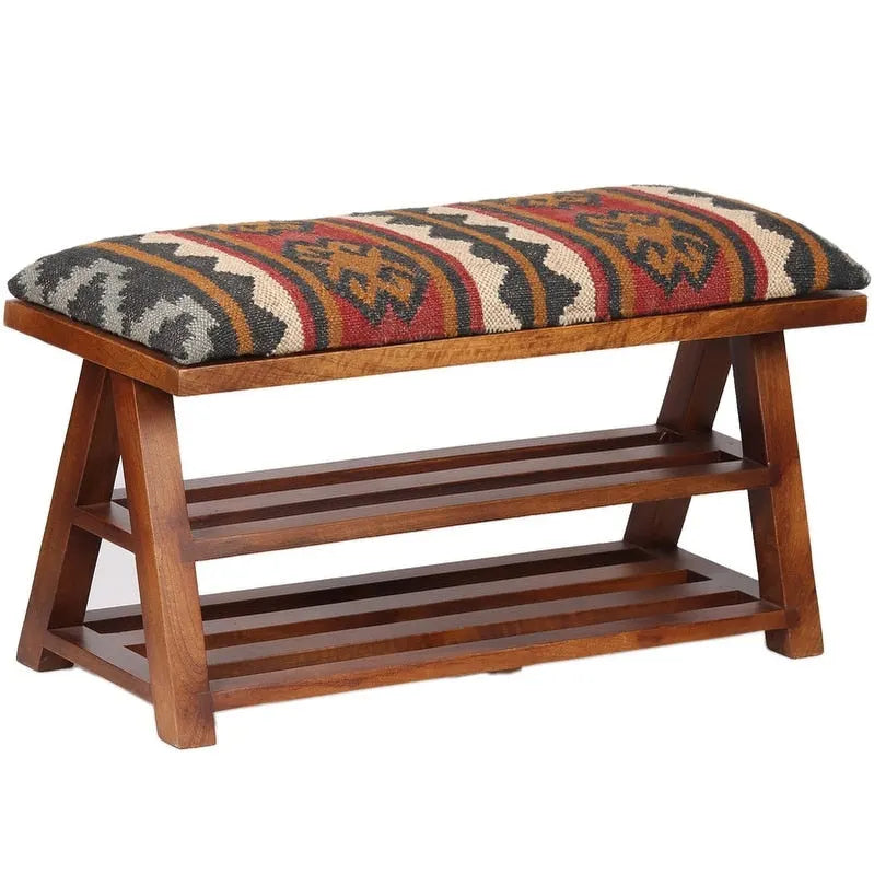Handgefertigte gepolsterte Holzbank mit Kilim-Muster und Stauraum – 30 W x 12,5 L x 16 H