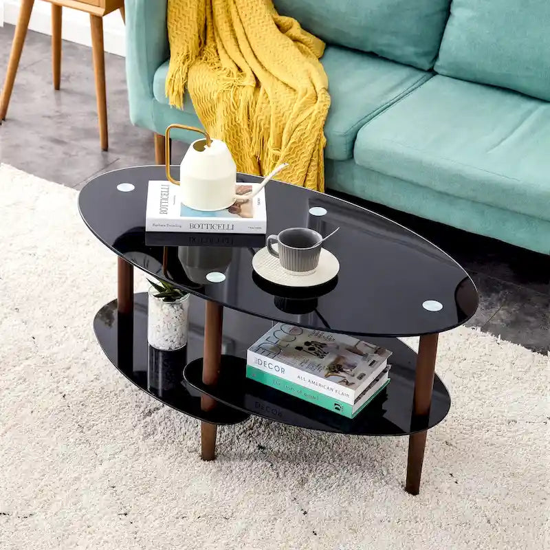 Ovaler Couchtisch aus Glas, transparenter Couchtisch, moderner Wohnzimmertisch mit Beinen aus Eichenholz, Teetisch