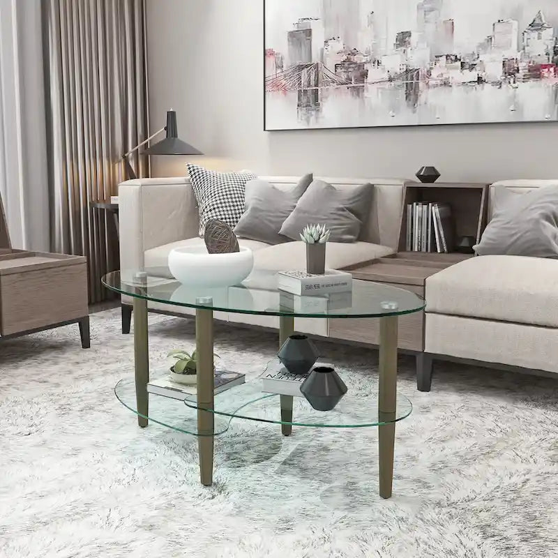 Ovaler Couchtisch aus Glas, transparenter Couchtisch, moderner Wohnzimmertisch mit Beinen aus Eichenholz, Teetisch