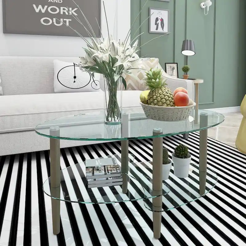 Ovaler Couchtisch aus Glas, transparenter Couchtisch, moderner Wohnzimmertisch mit Beinen aus Eichenholz, Teetisch