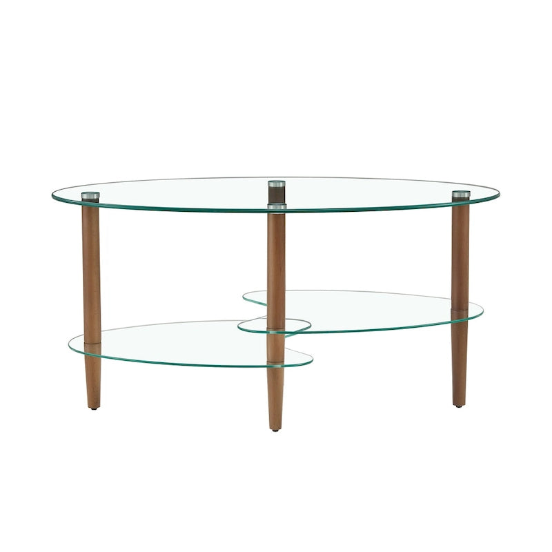 Ovaler Couchtisch aus Glas, transparenter Couchtisch, moderner Wohnzimmertisch mit Beinen aus Eichenholz, Teetisch