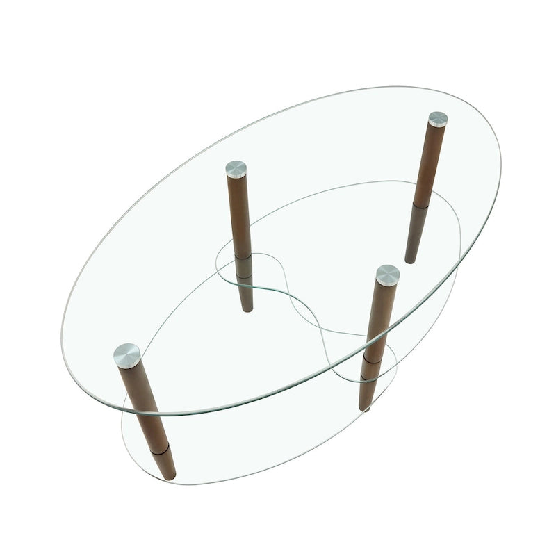 Ovaler Couchtisch aus Glas, transparenter Couchtisch, moderner Wohnzimmertisch mit Beinen aus Eichenholz, Teetisch