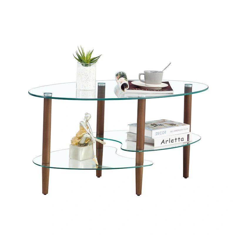 Ovaler Couchtisch aus Glas, transparenter Couchtisch, moderner Wohnzimmertisch mit Beinen aus Eichenholz, Teetisch