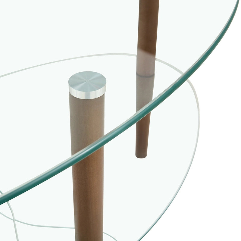 Ovaler Couchtisch aus Glas, transparenter Couchtisch, moderner Wohnzimmertisch mit Beinen aus Eichenholz, Teetisch