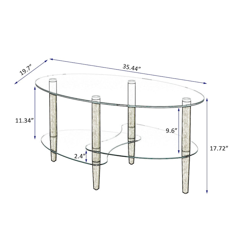 Ovaler Couchtisch aus Glas, transparenter Couchtisch, moderner Wohnzimmertisch mit Beinen aus Eichenholz, Teetisch