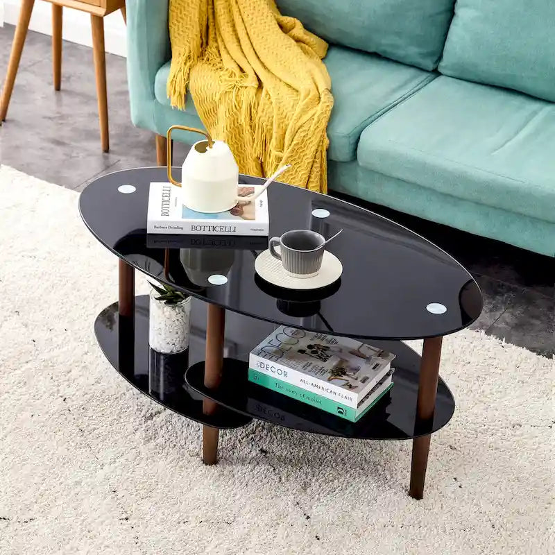 Ovaler Couchtisch aus Glas, transparenter Couchtisch, moderner Wohnzimmertisch mit Beinen aus Eichenholz, Teetisch