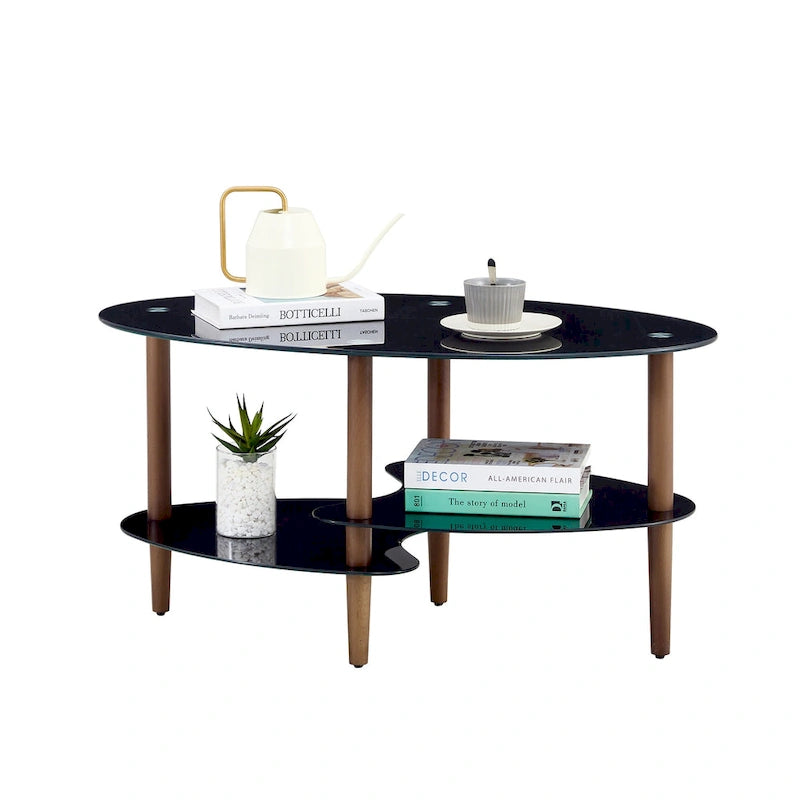 Ovaler Couchtisch aus Glas, transparenter Couchtisch, moderner Wohnzimmertisch mit Beinen aus Eichenholz, Teetisch