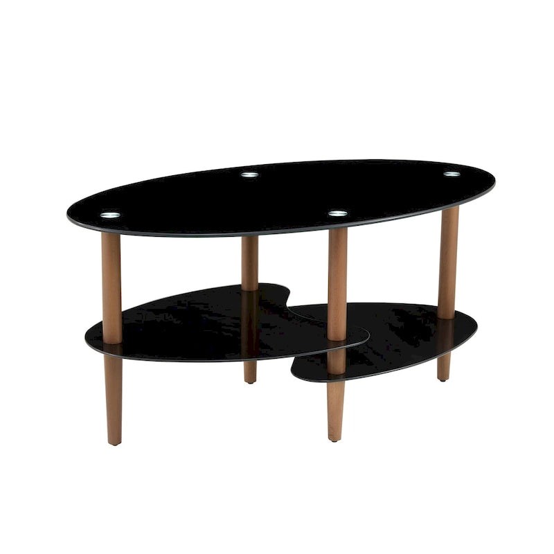 Ovaler Couchtisch aus Glas, transparenter Couchtisch, moderner Wohnzimmertisch mit Beinen aus Eichenholz, Teetisch