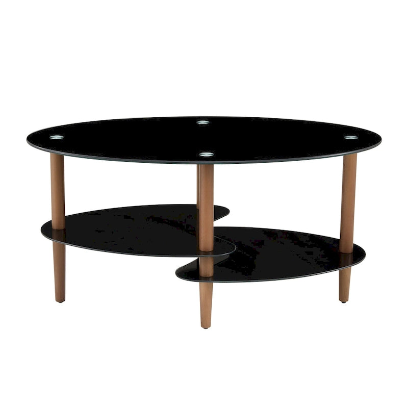 Ovaler Couchtisch aus Glas, transparenter Couchtisch, moderner Wohnzimmertisch mit Beinen aus Eichenholz, Teetisch