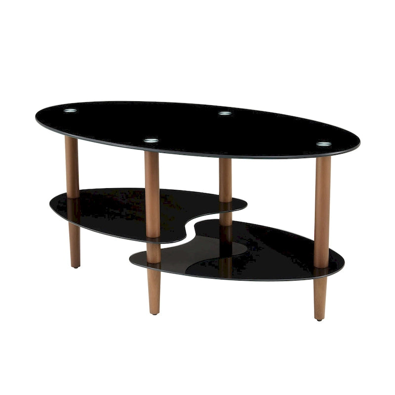 Ovaler Couchtisch aus Glas, transparenter Couchtisch, moderner Wohnzimmertisch mit Beinen aus Eichenholz, Teetisch