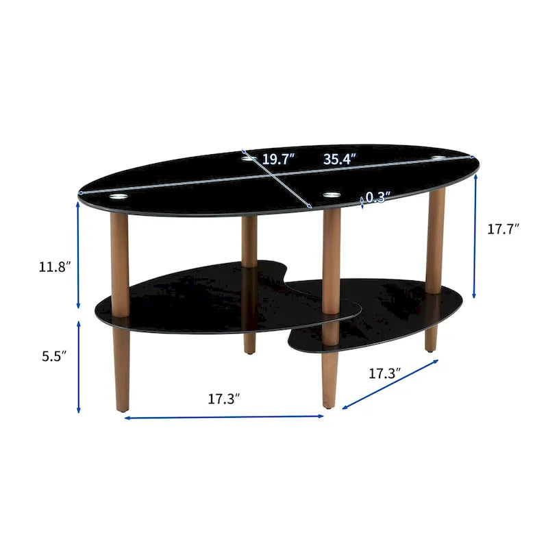 Ovaler Couchtisch aus Glas, transparenter Couchtisch, moderner Wohnzimmertisch mit Beinen aus Eichenholz, Teetisch