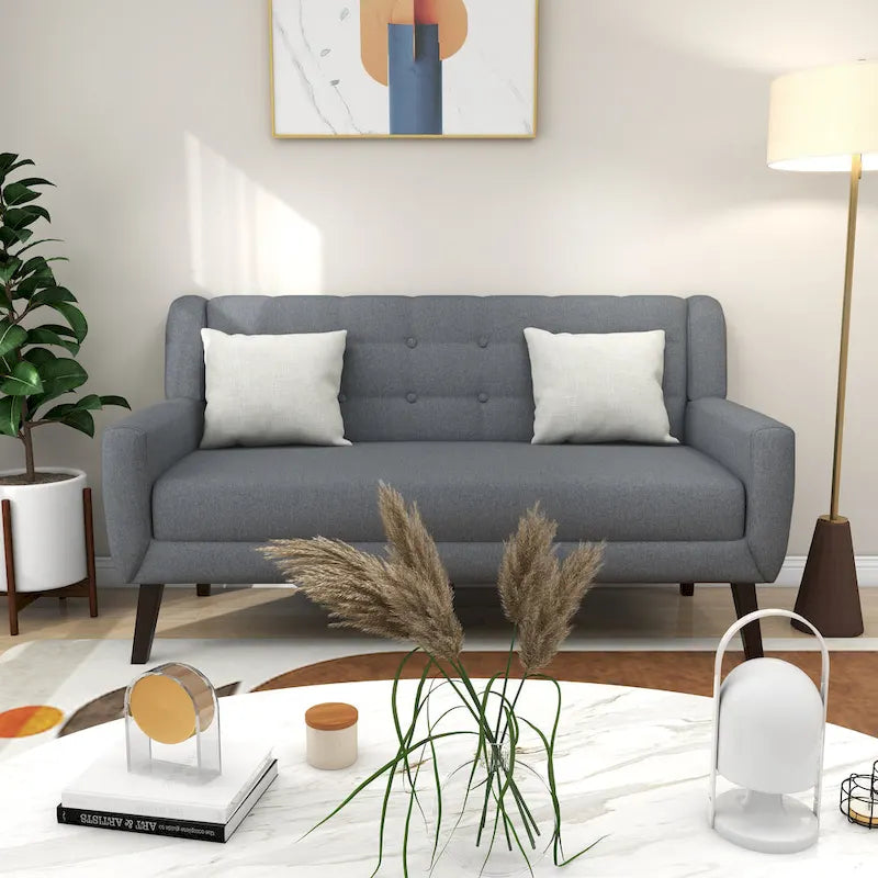 Modernes, leinenbezogenes Zweisitzersofa mit Knopfheftung