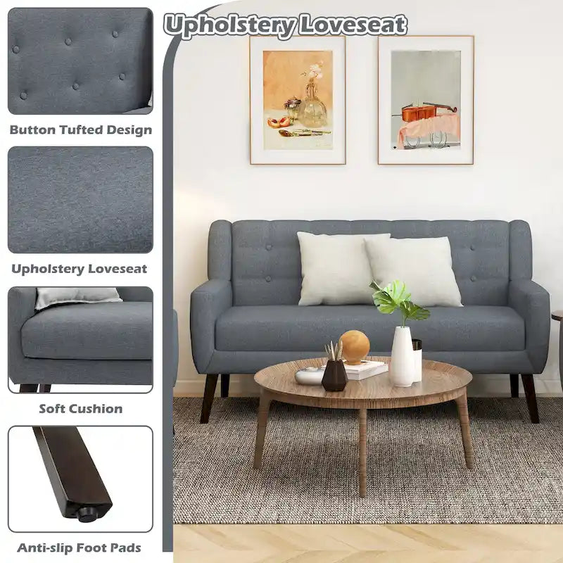 Modernes, leinenbezogenes Zweisitzersofa mit Knopfheftung