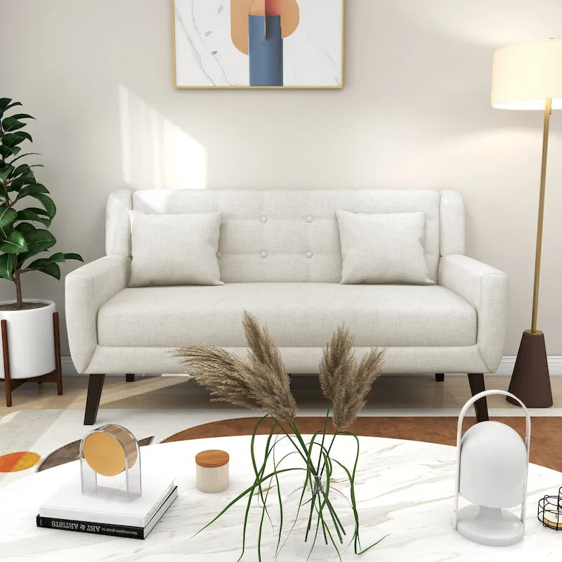 Modernes, leinenbezogenes Zweisitzersofa mit Knopfheftung