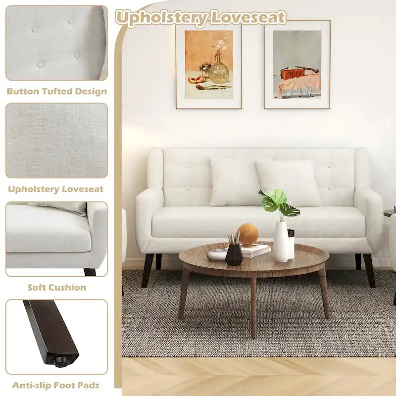 Modernes, leinenbezogenes Zweisitzersofa mit Knopfheftung