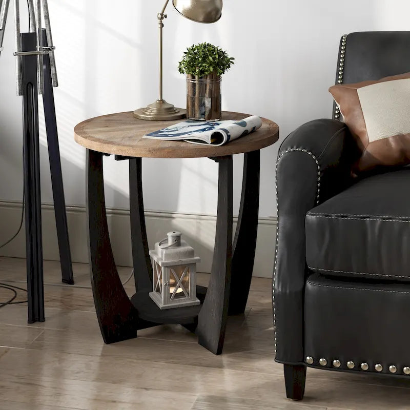 Rustic Farmhouse Round End Table with Lower Shelf - French Country Style