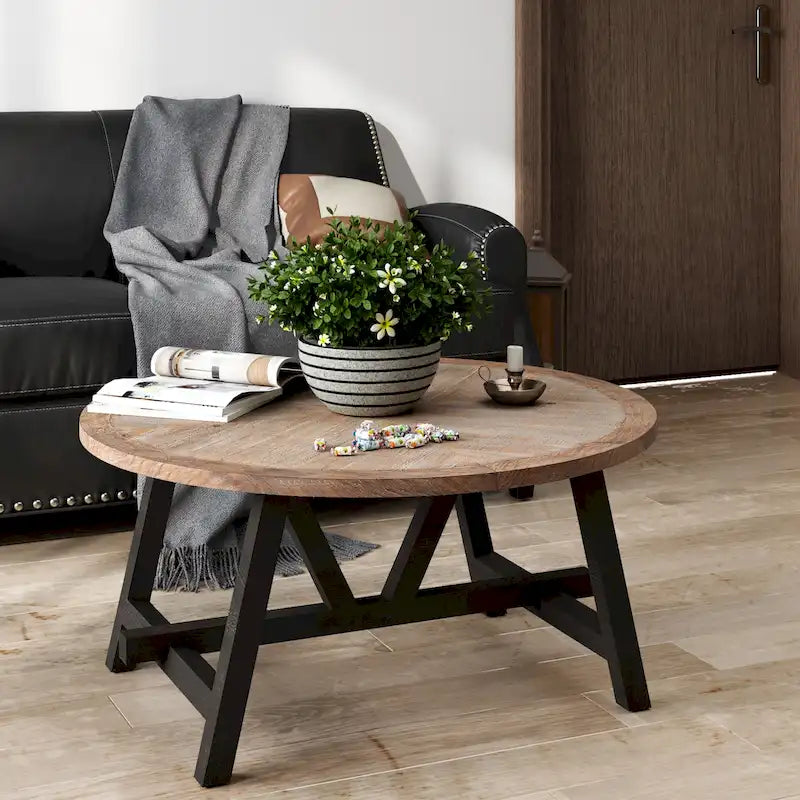 Rustic Farmhouse Round End Table with Lower Shelf - French Country Style