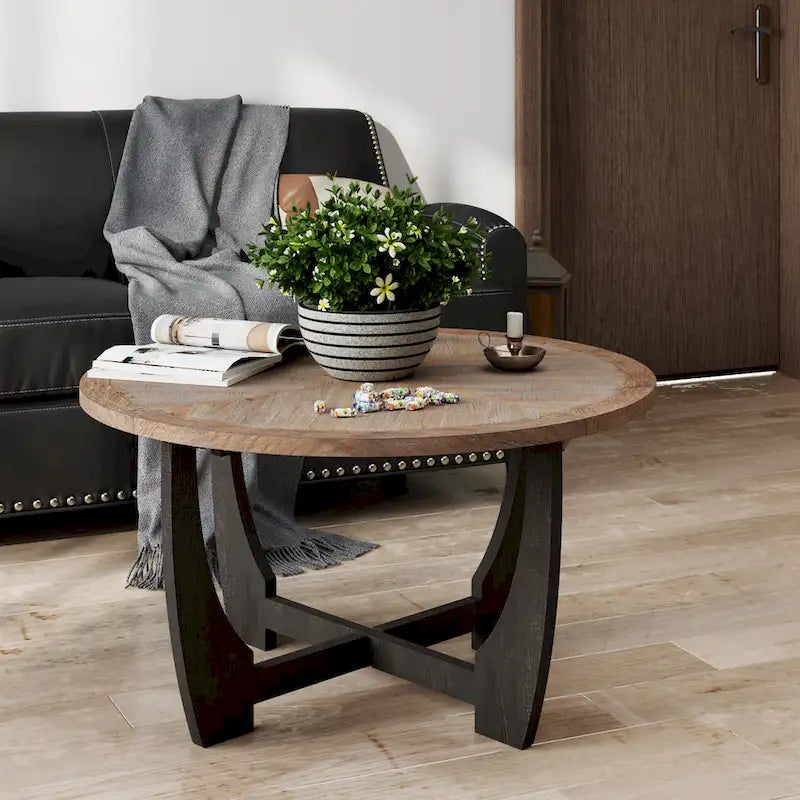 Rustic Farmhouse Round End Table with Lower Shelf - French Country Style