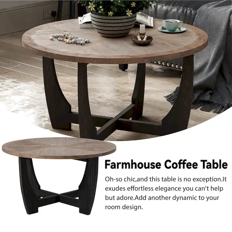 Tavolino laterale rotondo rustico in stile farmhouse con ripiano inferiore - stile country francese