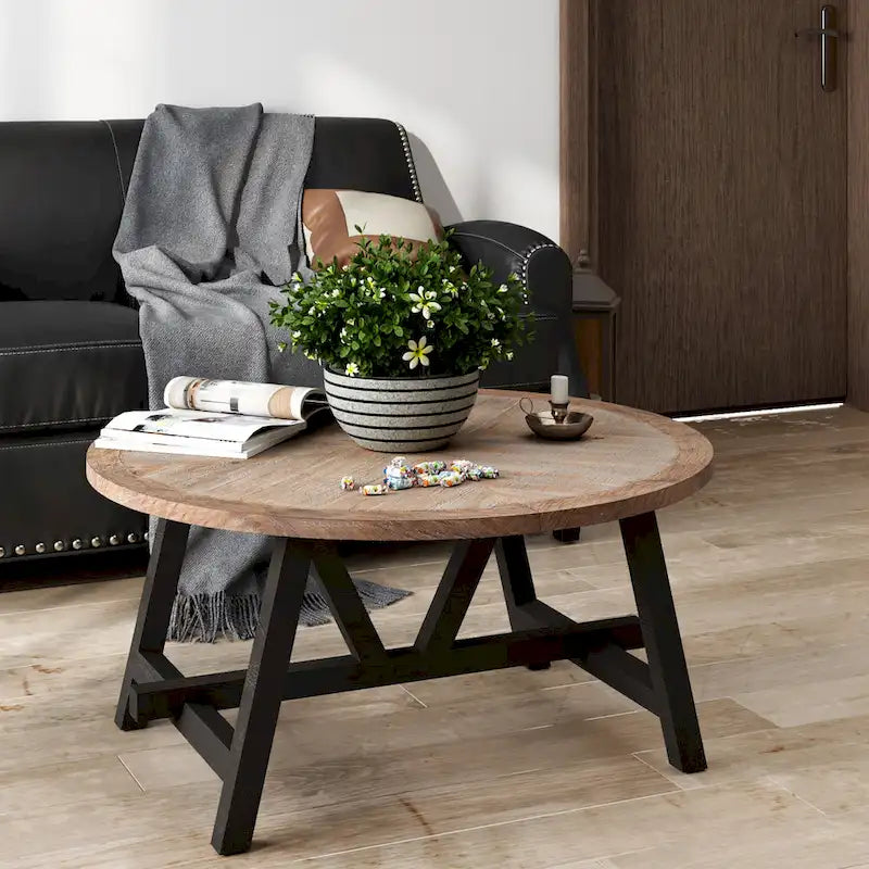 Tavolino laterale rotondo rustico in stile farmhouse con ripiano inferiore - stile country francese