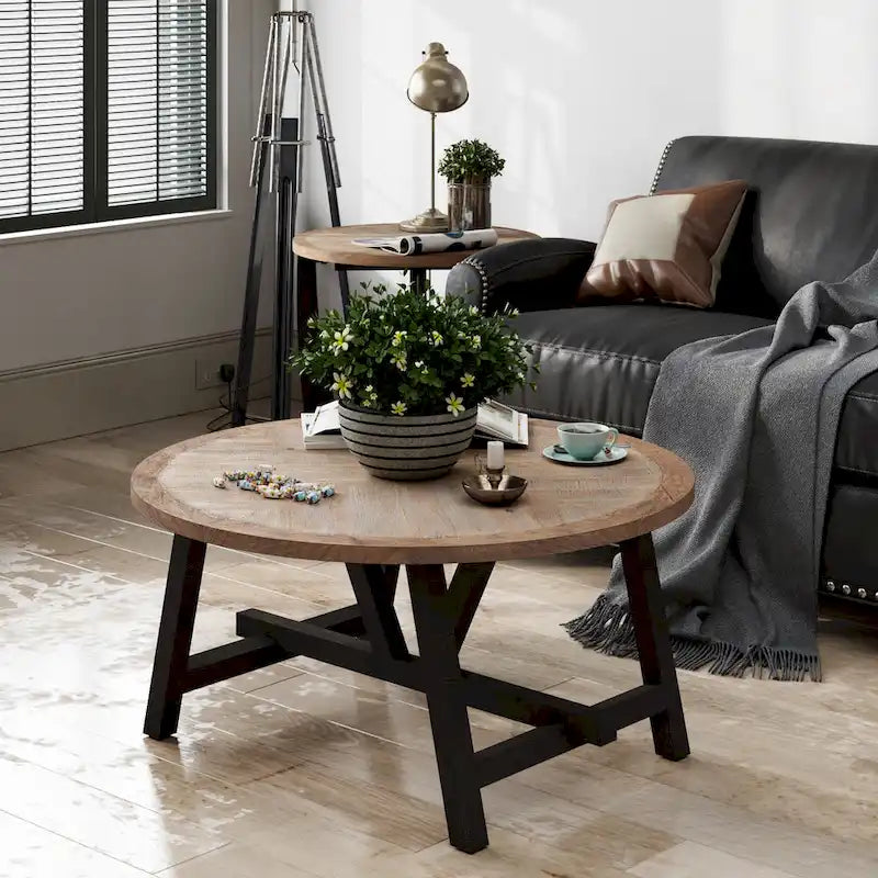 Tavolino laterale rotondo rustico in stile farmhouse con ripiano inferiore - stile country francese