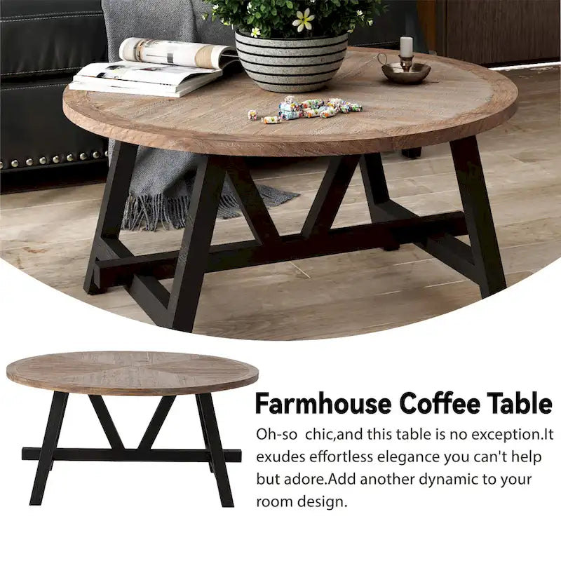 Tavolino laterale rotondo rustico in stile farmhouse con ripiano inferiore - stile country francese