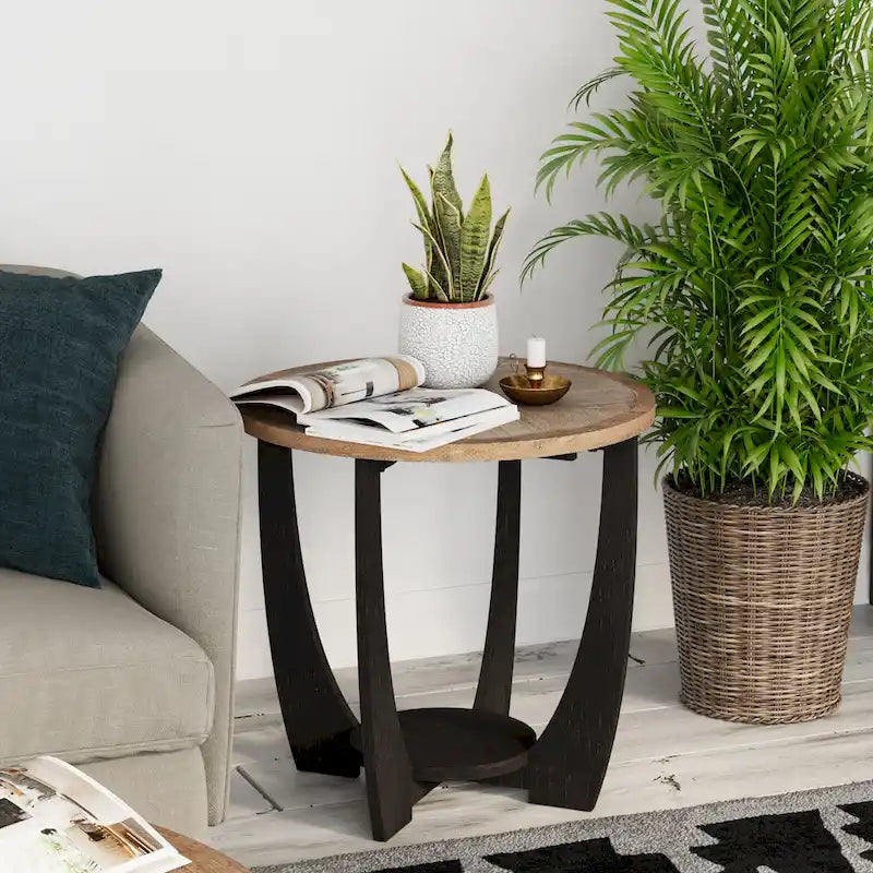 Tavolino laterale rotondo rustico in stile farmhouse con ripiano inferiore - stile country francese