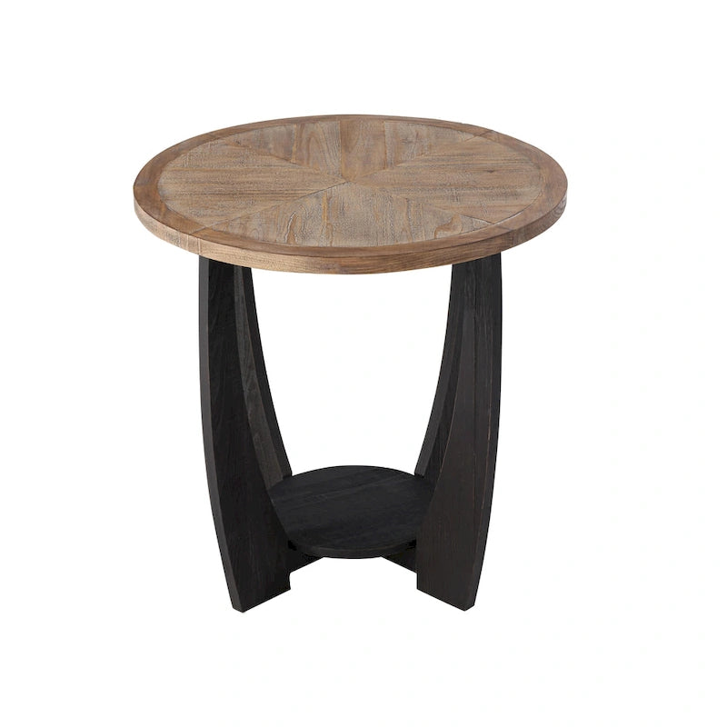 Tavolino laterale rotondo rustico in stile farmhouse con ripiano inferiore - stile country francese