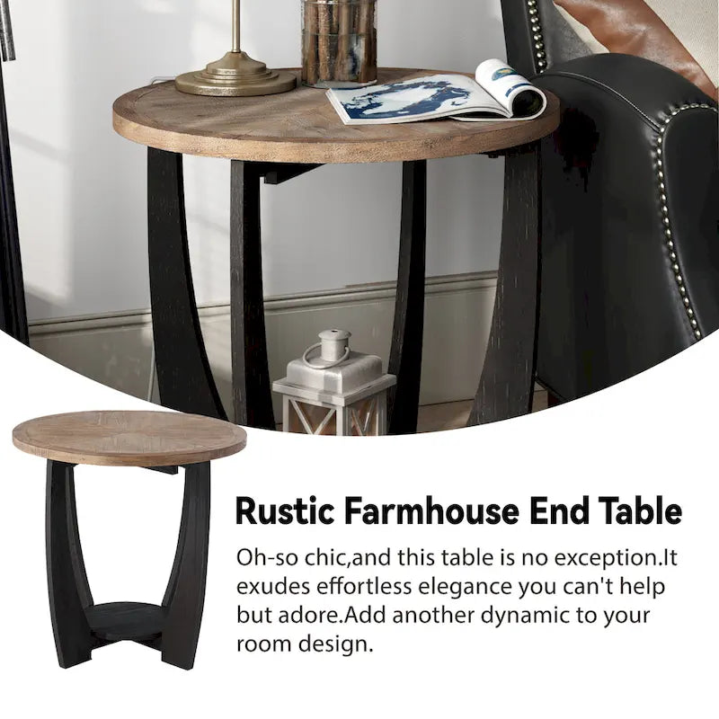 Tavolino laterale rotondo rustico in stile farmhouse con ripiano inferiore - stile country francese