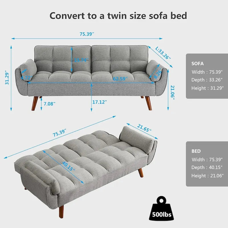 75.39 Futon Sofa Bed, Convertible Folding Futon Couch Recliner Lounge For Living Room With 2 Pillow/Armrest
