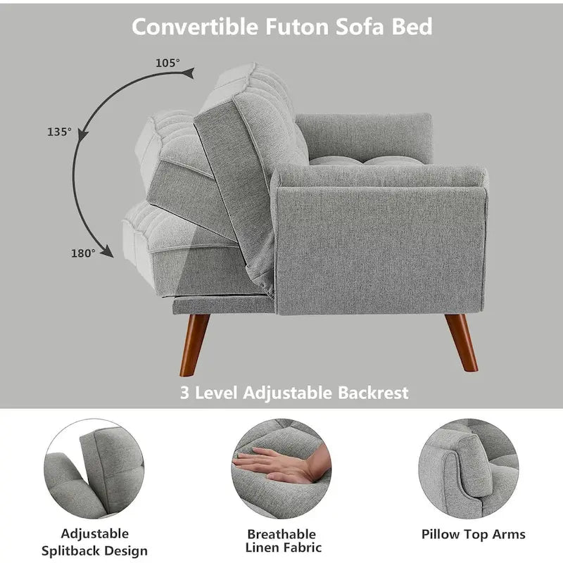 75.39 Futon Sofa Bed, Convertible Folding Futon Couch Recliner Lounge For Living Room With 2 Pillow/Armrest