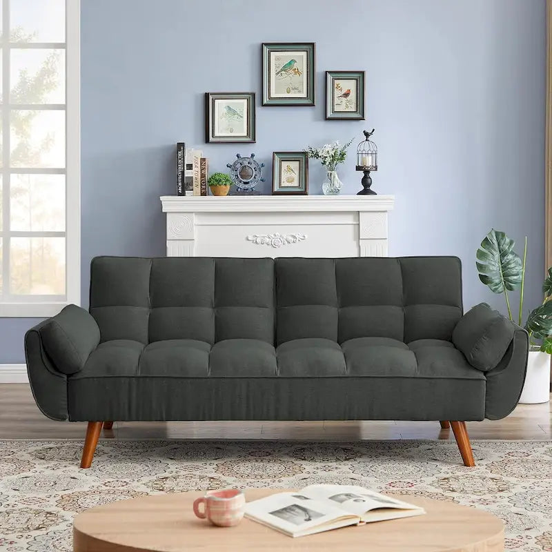 75.39 Futon Sofa Bed, Convertible Folding Futon Couch Recliner Lounge For Living Room With 2 Pillow/Armrest
