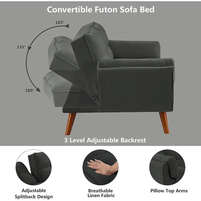 75.39 Futon Sofa Bed, Convertible Folding Futon Couch Recliner Lounge For Living Room With 2 Pillow/Armrest