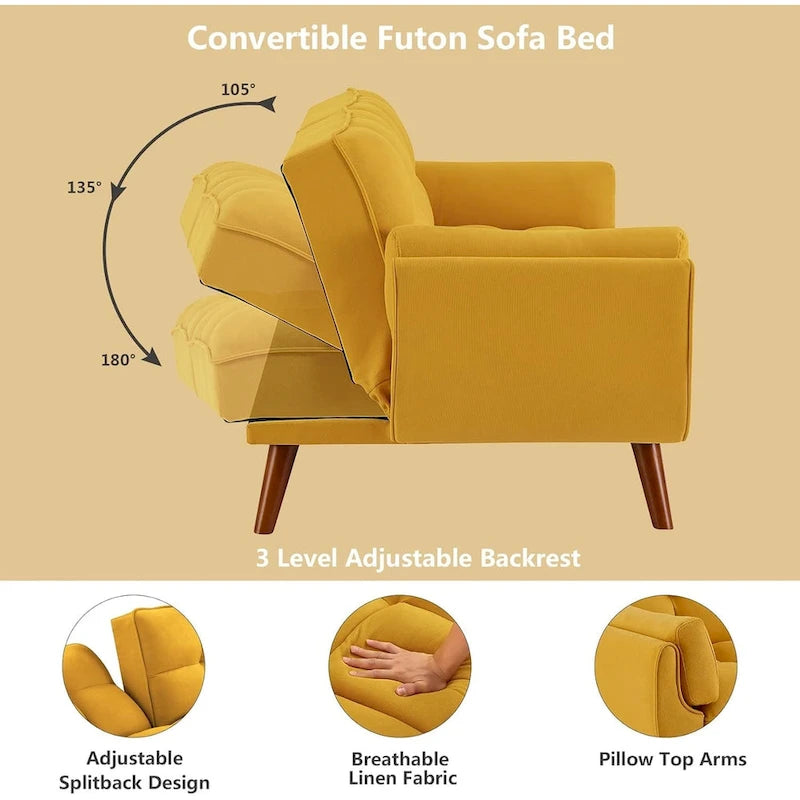 75.39 Futon Sofa Bed, Convertible Folding Futon Couch Recliner Lounge For Living Room With 2 Pillow/Armrest