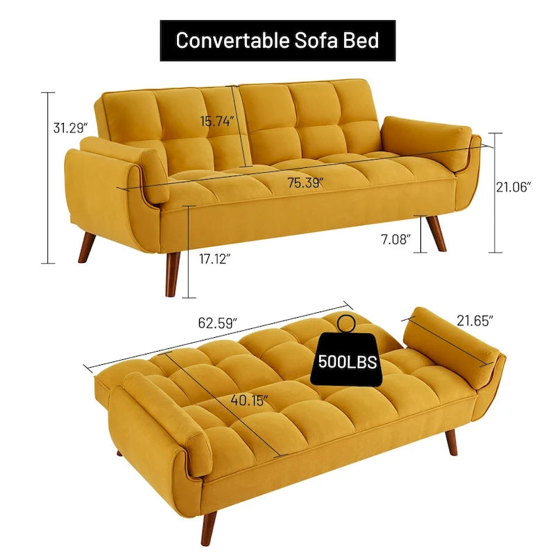 75.39 Futon Sofa Bed, Convertible Folding Futon Couch Recliner Lounge For Living Room With 2 Pillow/Armrest