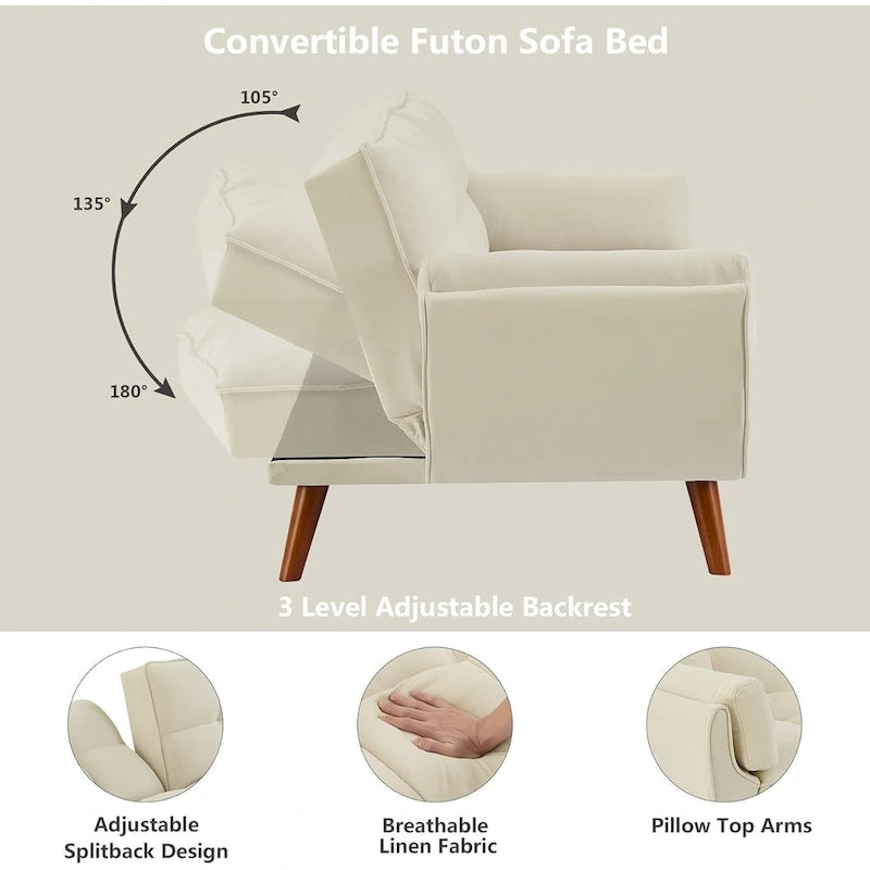 75.39 Futon Sofa Bed, Convertible Folding Futon Couch Recliner Lounge For Living Room With 2 Pillow/Armrest