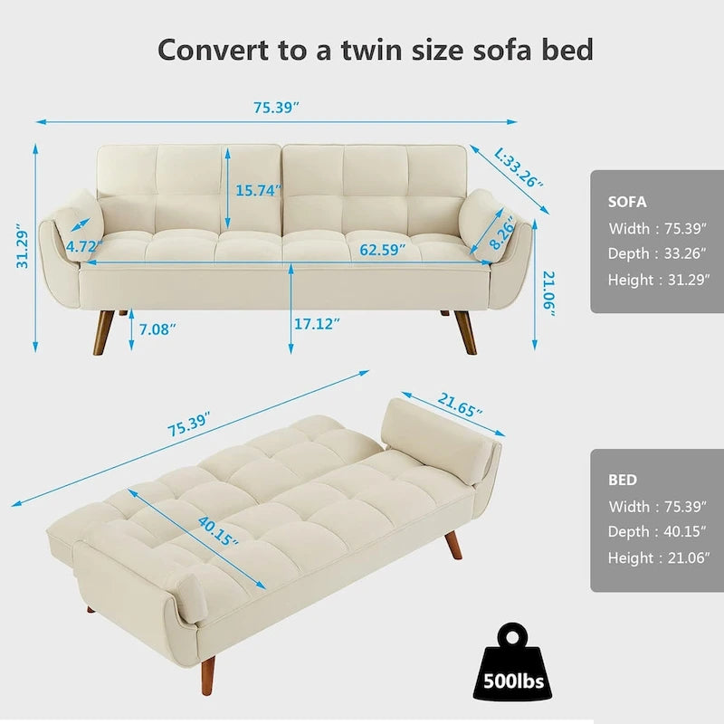 75.39 Futon Sofa Bed, Convertible Folding Futon Couch Recliner Lounge For Living Room With 2 Pillow/Armrest