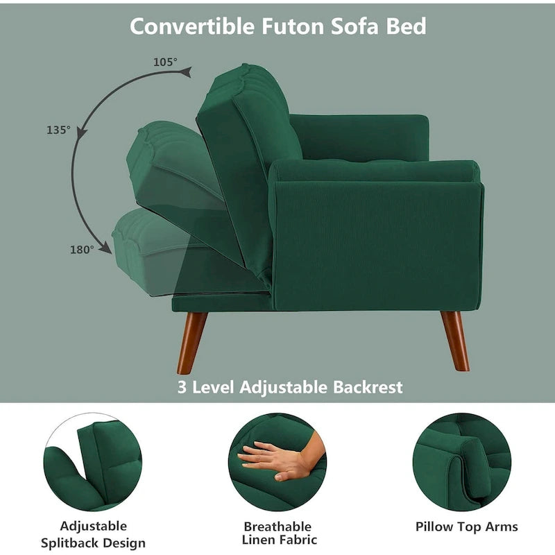 75.39 Futon Sofa Bed, Convertible Folding Futon Couch Recliner Lounge For Living Room With 2 Pillow/Armrest
