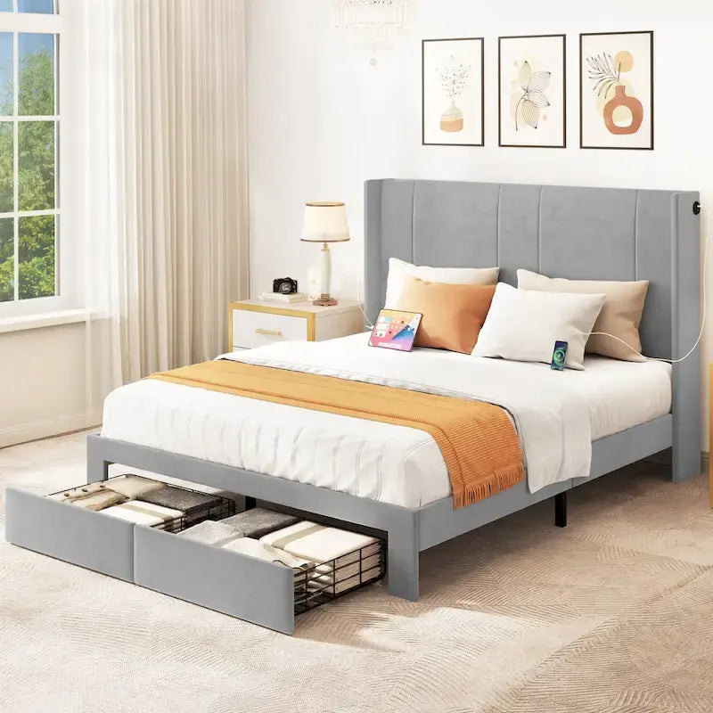 Queen Upholstered Bed Frame with Storage Drawers Headboard Built-in 4 USB Platform Bed