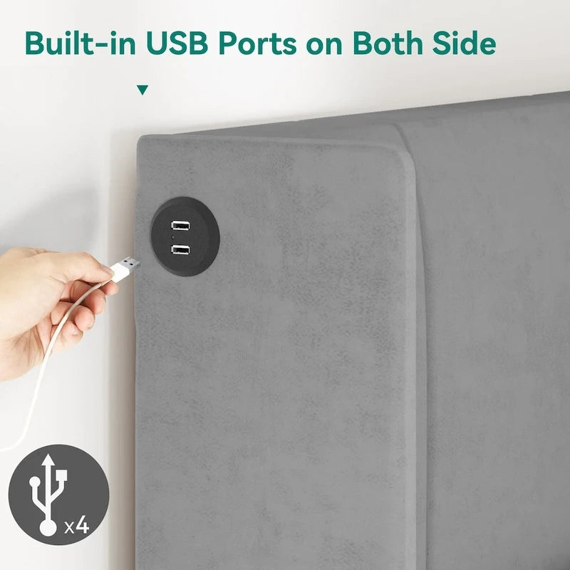 Gepolstertes Queen-Bettgestell mit Kopfteil, Stauraumschubladen, integrierten 4 USB-Anschlüssen und Plattformbett