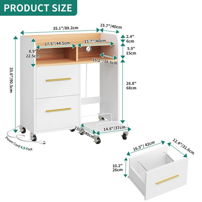 2-Drawer Rolling File Cabinet with Printer Stand Cart