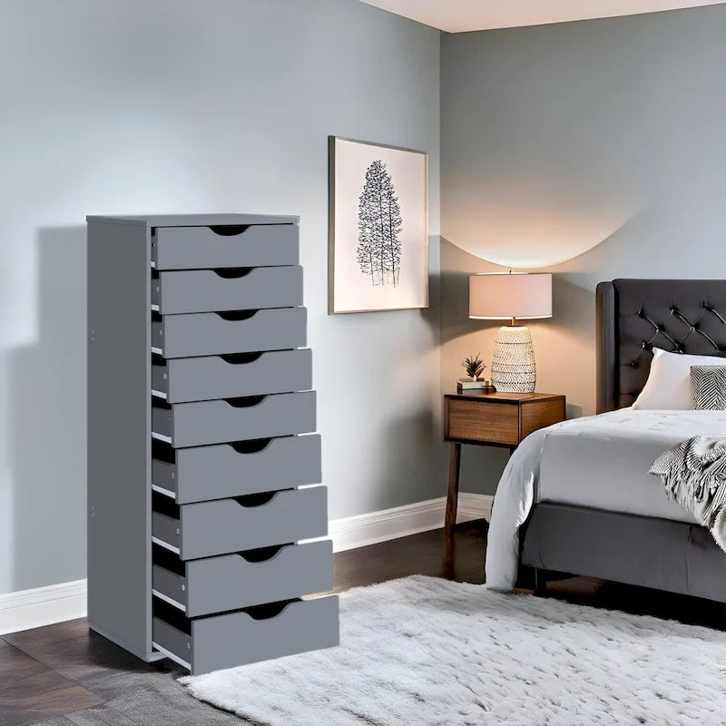 Narrow Wooden 9-Drawer Cabinet with Smooth-Glide Drawers and Top Storage Shelf