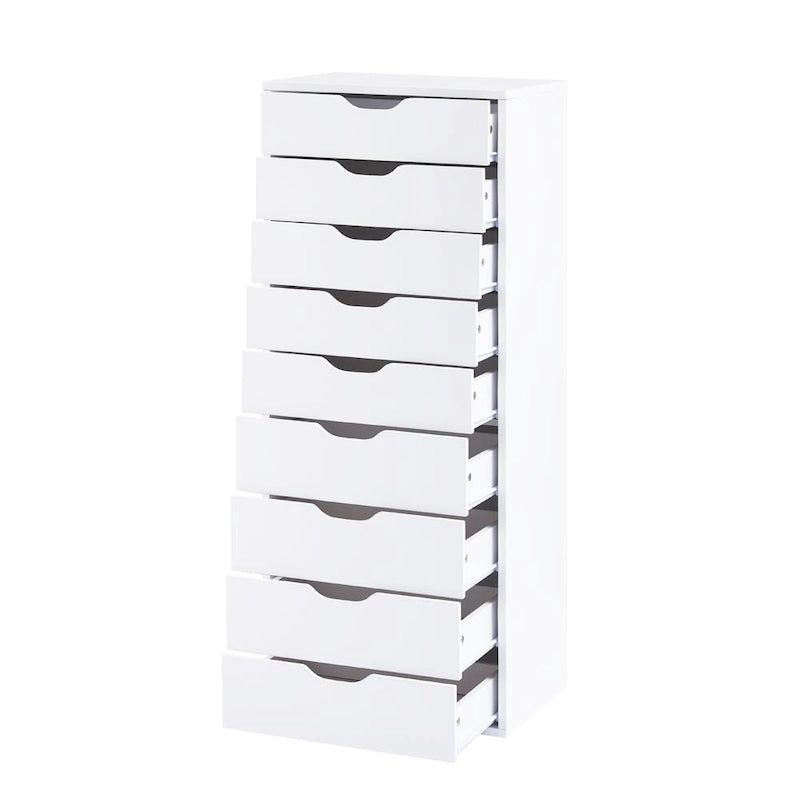 Narrow Wooden 9-Drawer Cabinet with Smooth-Glide Drawers and Top Storage Shelf